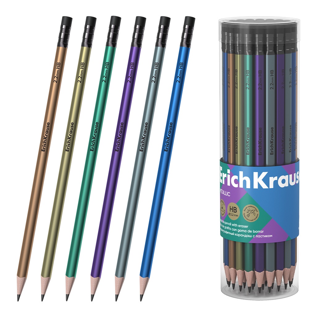 Карандаш чернографитный с ластиком HB трехгранный ErichKrause Metallic 60723