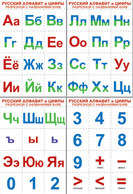 Комплект познавательных мини-плакатов Русский алфавит и цыфры разрезной с названиями букв "Сфера"
