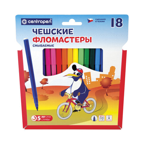 Фломастеры 18 цветов чешские centropen "Пингвины" смываемые арт.7790