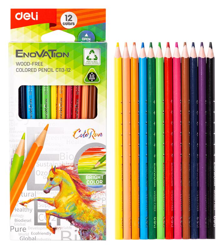 Карандаши цветные 12 цветов пластиковые трехгранные deli Enovation арт.ЕС113-12