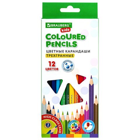Карандаши цветные 12 цветов пластиковые трехгранные BRAUBERG kids арт.181943