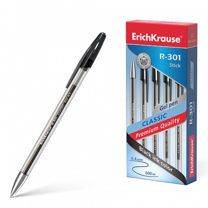 Ручка гелевая черная 0.5 мм ErichKrause R-301 Classic Gel Stick 53347