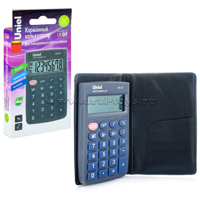 Калькулятор карманный 8 разрядный Uniel UK-07 серый размер 88*58*6,5 мм 